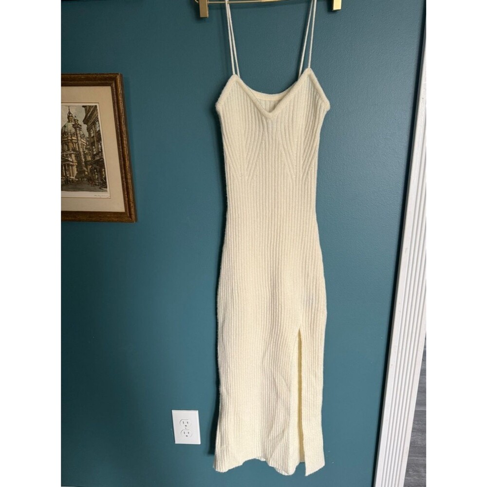 Cider Cream Ribbed Midi Slip Dress with Side Slit